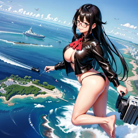 Multiple girls, der riese art, 非常に詳細なder rieseショット, der riese, Shorthair, Giant woman bigger than a skyscraper, Wearing rimless glasses, Colossal tits, Big ass, Bikini swimwear, i&#39;I&#39;m playing with small aircraft carriers and battleships in the land...