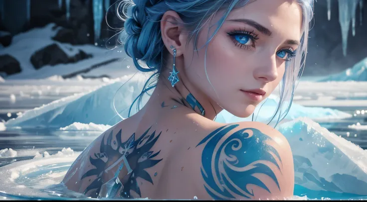 (best quality) (close up) girl with ice for hair that flows over and down her back looking over her shoulder, (frost) dark ice blue eyes intensely staring, water tattoos on her face, water tattoos on her back, tattoos, blizzard, wall of water and ice in ba...