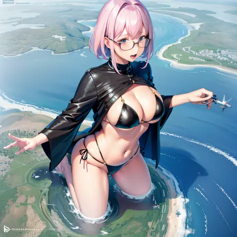 Multiple girls, der riese art, 非常に詳細なder rieseショット, der riese, Shorthair, Giant woman bigger than a skyscraper, Wearing rimless glasses, Colossal tits, Big ass, Bikini swimwear, i&#39;I&#39;m playing with small aircraft carriers and battleships in the land...