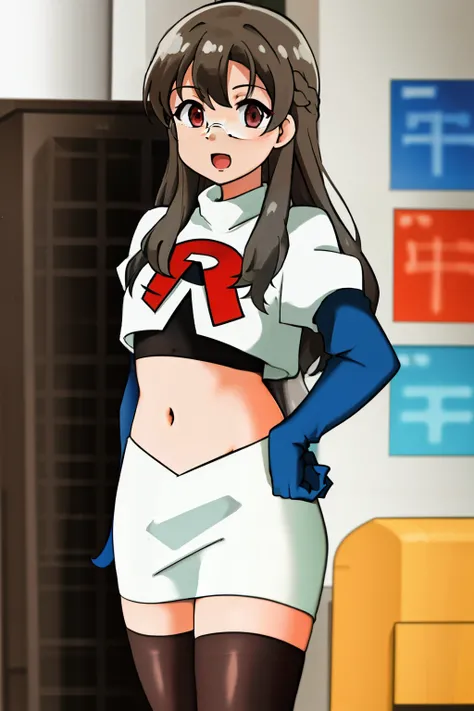 futaba rio,glasses,(gray hair),very detailed ,highres,(masterpiece_1.0),(best quality_1.0),team rocket,team rocket uniform,white skirt,red letter R,crop top,black thigh-highs,black elbow gloves,