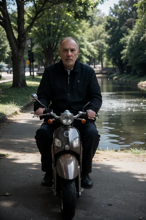 Silhouette,Old man age 50s, baldness, sitting pensively by the river, under tree, sitting beside motorcycle scooter nmax 155cc, a bitter and sad atmosphere. dramatic lighting. Professional color grading, hyper realistic