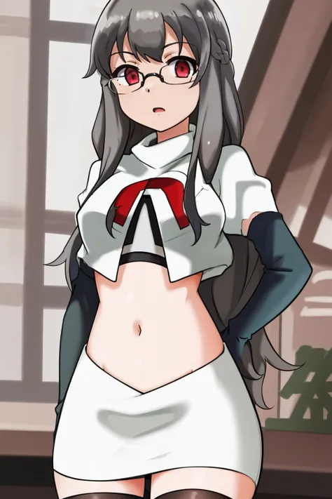 futaba rio,glasses,(gray hair),very detailed ,highres,(masterpiece_1.0),(best quality_1.0),team rocket,team rocket uniform,white skirt,red letter R,crop top,black thigh-highs,black elbow gloves,