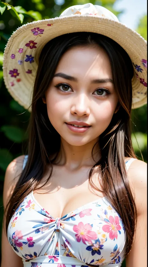 ( Close Up),RAW, Best quality, high resolution, masterpiece: 1.3), beautiful Malay woman, Masterpiece, perfect body, Big breasts, long hair, thick thighs, beautiful big eyes, mole under the eye, long eyelashes , big eyes , beautiful face , Soft smile , Hig...