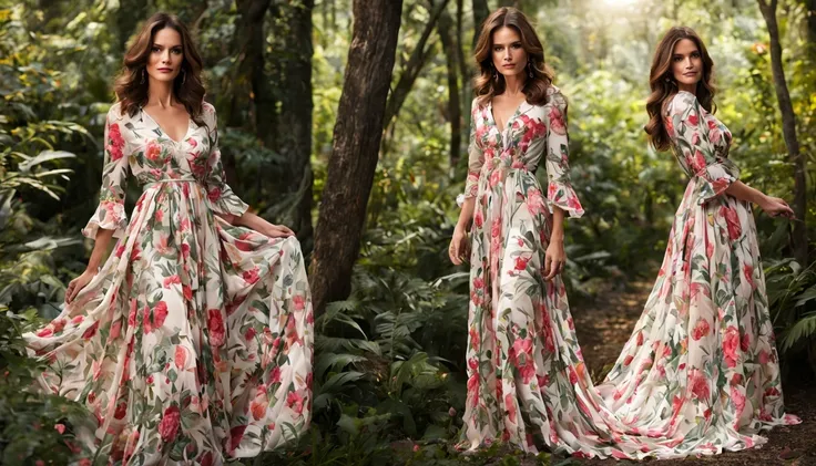 uma fada floral "Jaclyn Smith com vestido Vinho longo", as central in a whimsical forest setting, where vibrant flowers and lush vegetation create a magical setting. A fada floral, a delicate and ethereal being, Paira graciosamente entre as flores, suas as...