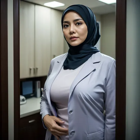 50 years Old, Hijab Indonesian mature woman, Extra Gigantic Tits : 169.9, Tight doctor suit, at doctor office, Dark light, at Nighttime,Depth of field, Professional work photoghraphy.