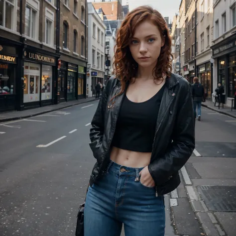 8k, RAW photo, best quality, ultra high resolution, photorealistic, realistic photo of skinny european redhead woman, (skinny european redhead woman), (blue eyes), (short red curly hair), full body picture, (one person on the photo), in london, (london dow...