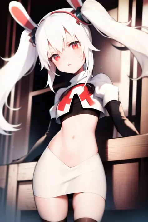 masterpiece, best quality, fake animal ears, solo, white hair, twintails,team rocket,team rocket uniform,white skirt,red letter R,crop top,black thigh-highs,black elbow gloves,