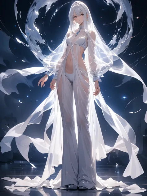 master part, Uma bela deusa do vazio, Full-length transparent white clothes standing under empty night stars, disappearing transparent pants, full body standing, figura alta, pernas delgadas, detalhes faciais, detalhes detalhados da parte do corpo, Papel d...