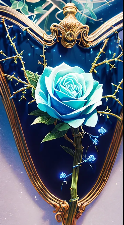 blue rose, with sharp thorns on the stem, green stems and leaves, blue flowers glow in the dark, in the night, wallpaper