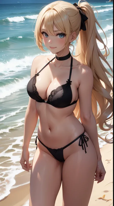 blonde hair long ponytail, busty, cleavage, black detailed lace lingerie, (full body Esbian, backshots)､Seaside sandy beach、bow ribbon､Running on a watercraft、North Shore､Ass up､The moment you hit the air on the wave、Between the waves、High waves、Happy smil...