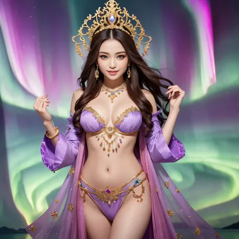 (top-quality、masutepiece、8K、Top image quality、Hyper-Realism、1 photo)、(A prostitute goddess wearing the most luxurious and majestic costumes:1.2)、(A huge aurora spreads across the sky:1.5)、(The most luxurious and intricately decorated dresses:1.2)、(Goddess ...