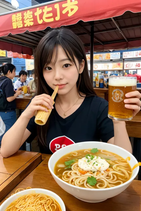 food stand、beer,  women、Eating noodle、