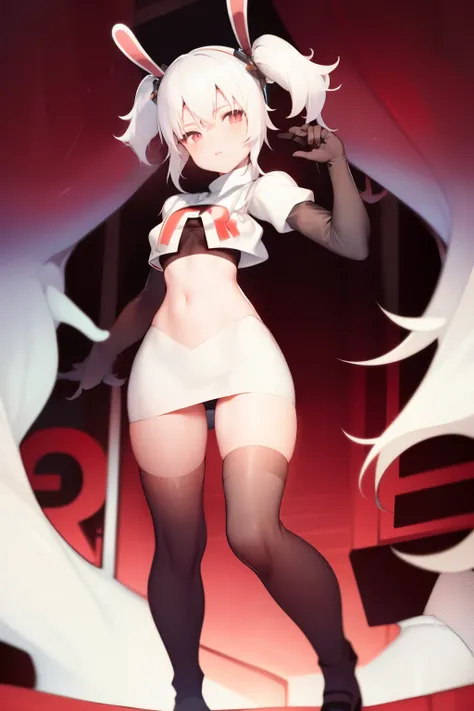 masterpiece, best quality, fake animal ears, solo, white hair,long twintails,team rocket,team rocket uniform,white skirt,red letter R,crop top,black thigh-highs,black elbow gloves,