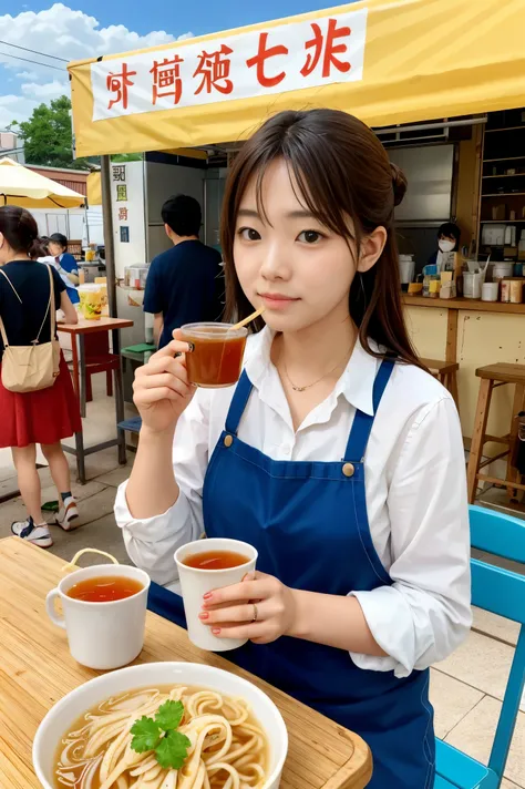 food stand、tea,  18years old women、Eating noodle、