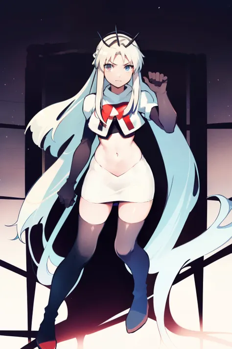 1 girl with long white hair, team rocket,team rocket uniform,white skirt,red letter R,crop top,black thigh-highs,black elbow gloves,