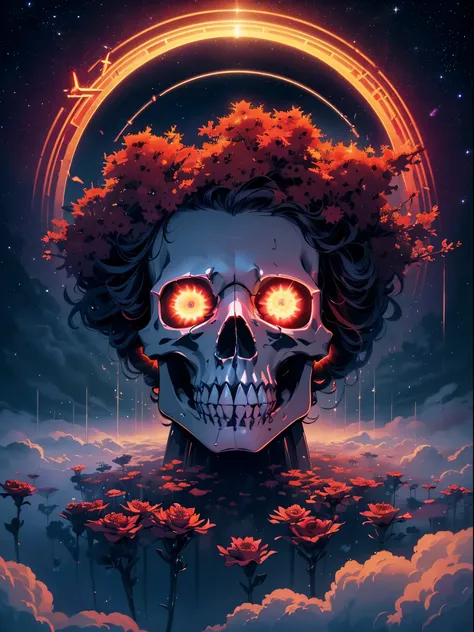 (Best quality,4K,A high resolution,tmasterpiece:1.2),ultra - detailed,actual:1.37,pixel sorted,（（（Red ，fork， Rayloom flowers))),Interstellar clouds and fog background，Polished，silver skull,light composition,rainbowing，rainbowing around skull,Colorful,Domin...