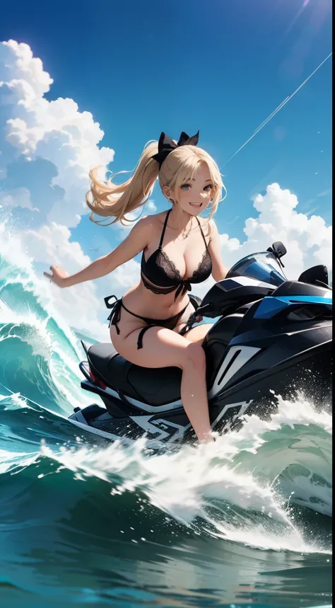 blonde hair long ponytail, busty, cleavage, black detailed lace lingerie, (full body Esbian)､off the coast、bow ribbon､Running on a watercraft、North Shore､detailed jet ski、Between the waves、High waves、Happy smile、Dynamism、jet ski pro、Professional riding、Fan...