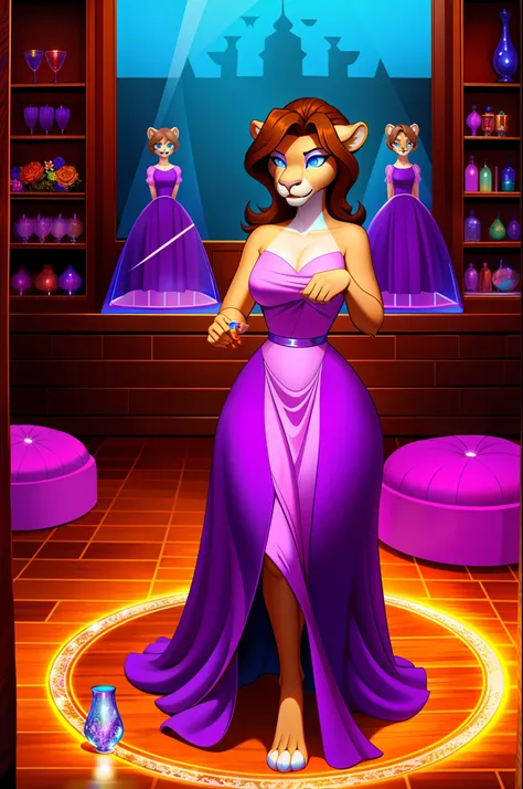 housewife, lioness anthro, brown hair, blue eyes, glowing eyes, purple dress, glass case, mind-controlled, hypnotized, dazed, 3D Disney style, full body