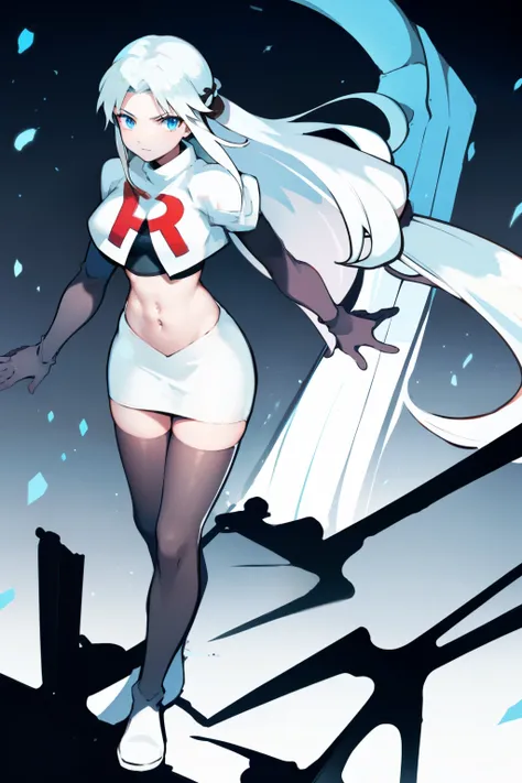 1 girl with long white hair, team rocket,team rocket uniform,white skirt,red letter R,crop top,black thigh-highs,black elbow gloves,