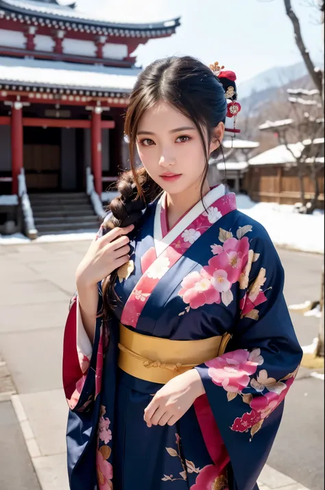 japanese shinto shrines in snowy landscapes, early morning of new year's day, ((a beautiful japanese girl in a long-sleeved kimo...