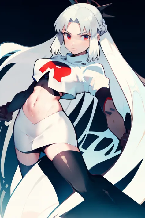 1 girl with long white hair, team rocket,team rocket uniform,white skirt,red letter R,crop top,black thigh-highs,black elbow gloves,