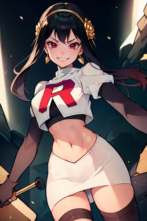 yor briar, gold earrings, gold hairband, hair flower, hair ornament, hairband ,rocket,team rocket uniform, red letter R, white skirt,white crop top,black thigh-high boots,black elbow gloves, evil smile, look at viewer,