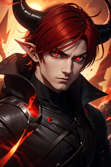 man with demon features short red hair with horns eyes shining anime