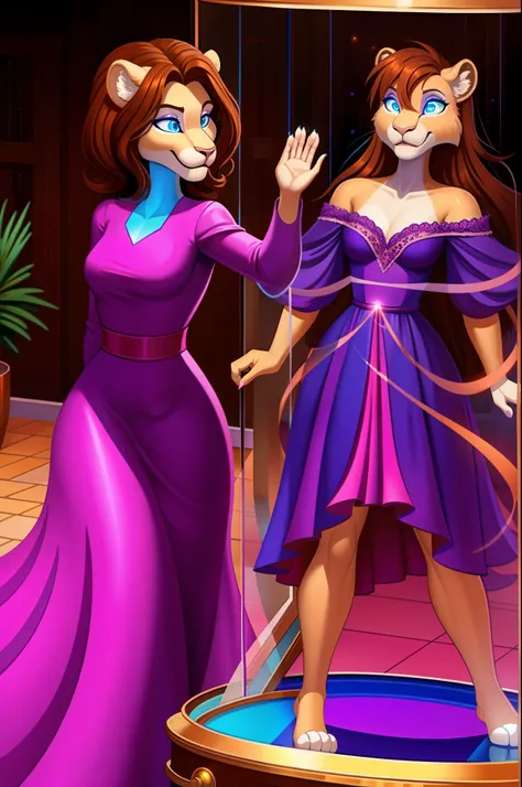 housewife, lioness anthro, brown hair, blue eyes, glowing eyes, purple dress, glass case, mind-controlled, hypnotized, dazed, 3D Disney style, full body