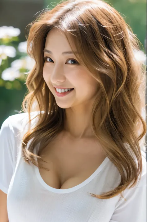 one Japanese woman,(8k),(RAW photo),(best quality),( (masterpiece:1.2)),(extremely detailed beautiful woman),(extremely detailed face, extremely),(beautiful),(Long Hair),(Wavy Hair),(Gentle Smile),(white T-shirt),(Showcasing cleavage),(Sunlight),(white bac...