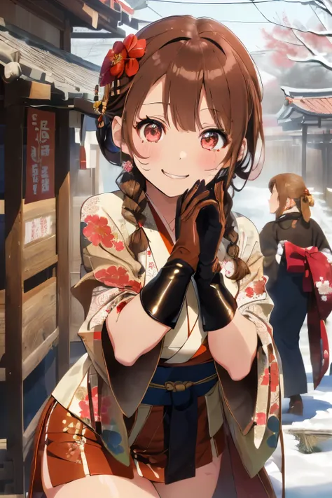 (Brown hair),(Braided shorthair),(With bangs),(Brown eyes:1.25),Slight red tide,(Her eyes are sparkling:1.2),(Eye size:1.7),(gloves:1.5),(messy and messy hair:1.2),(Kimono with cute design:1.4),(active movement:1.4),(place々Japanese clothes with lace:1.3),(...