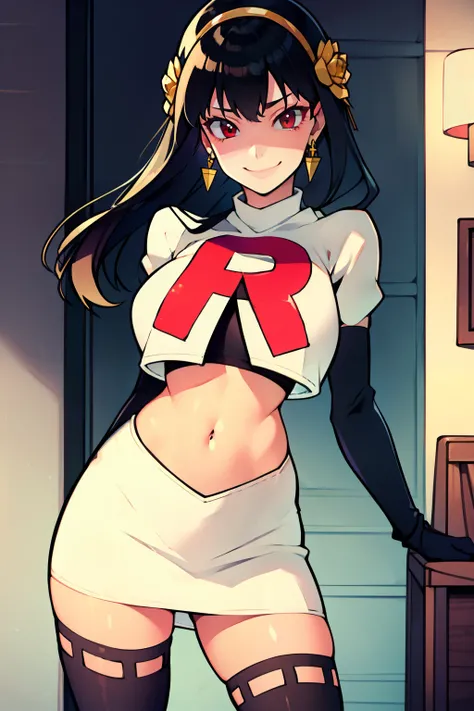 yor briar, red eyes ,gold earrings, gold hairband, hair flower, hair ornament, hairband ,rocket,team rocket uniform, red letter R, white skirt,white crop top,black thigh-high boots,black elbow gloves, evil smile, look at viewer,