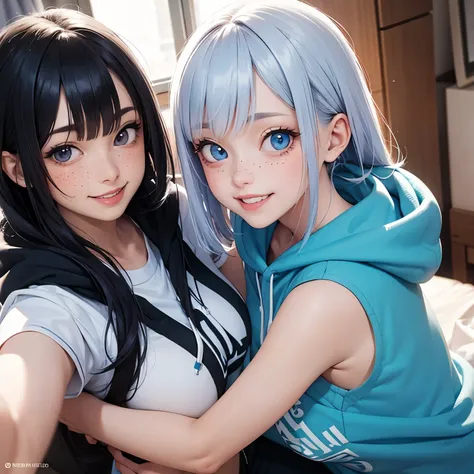 hoodie, blue hair, blues eyes, freckles, smiling, (((smiling))), selfie, two girls