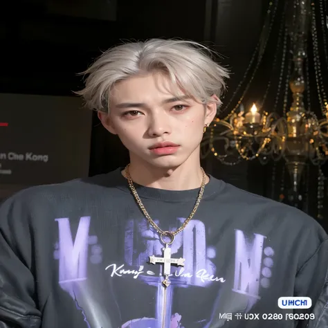 Hombre arafed con una cruz en el pecho y un collar en el cuello., Cai Xukun, Kim Doyoung, XQC, inspirado por Yanjun Cheng, Taejune Kim, Ulzzang masculino, Jinyoung Shin, Yanjun Chengt, Hyung Tae, Christian Cline, con cabello plateado, Tiene pelos grises os...