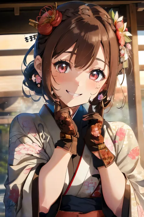 (Brown hair),(Braided shorthair),(With bangs),(Brown eyes:1.25),Slight red tide,(Her eyes are sparkling:1.2),(Eye size:1.7),(gloves:1.5),(messy and messy hair:1.2),(Kimono with cute design:1.4),(active movement:1.4),(place々Japanese clothes with lace:1.3),(...