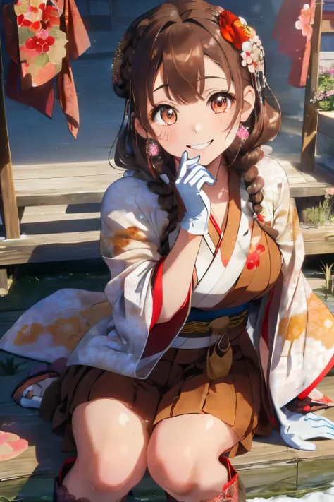 (Brown hair),(Braided shorthair),(With bangs),(Brown eyes:1.25),Slight red tide,(Her eyes are sparkling:1.2),(Eye size:1.7),(gloves:1.5),(messy and messy hair:1.2),(Kimono with cute design:1.4),(active movement:1.4),(place々Japanese clothes with lace:1.3),(...