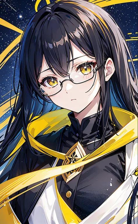 The background of the golden starry sky is stunning，Dark yellow twin ponytails，The hair as a whole has a light yellowish feel，But there is a sense of black attachment，Star decoration，Meteor decoration，With black glasses，There is a deceptive look in the eye...