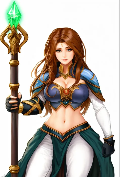 mage woman, brown hair, holding staff, showing midriff