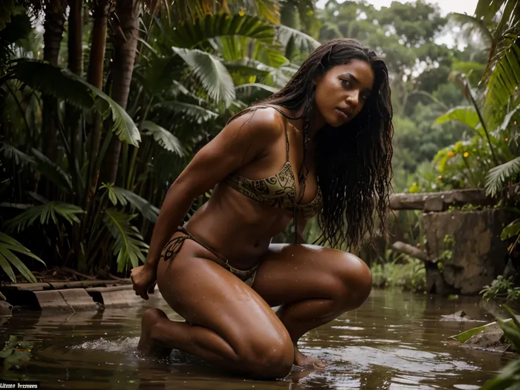 Masterpiece, African American woman, long hair, wet skin, in a loincloth, loincloth top, kneeling, on an M1A1 Abrams tank, in the jungle, warrior woman