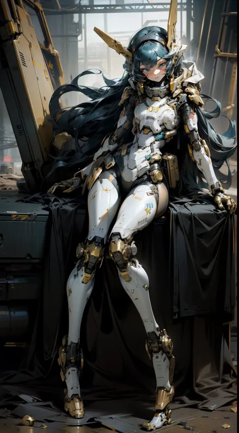 classy girl, Mecha girl alone, full-body portraits, Humanoid beautiful girl mecha, Dark, Silicon phenanthrene, postapocalypse, skyblue eyes, extremely detaile, actual, black and gold, Beautiful legs