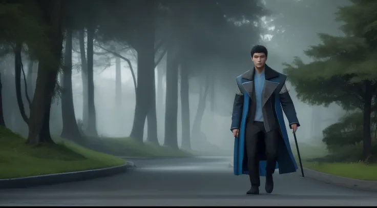 Handsome, Hide your face, 1 teenager, mystical: 1.1, with short black ha away from the camera), Gray blue jacket，Pulling a trailer，Black Desert，highway extending into the city，Green moss