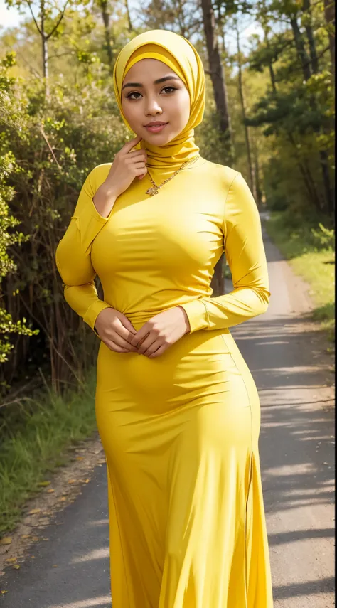 RAW, Best quality, high resolution, work: 1.3), Beautiful Malay woman in hijab,Perfect work, perfect fit body, ((Big breasts)), beautiful big eyes, Soft smile, beautiful face, slightly open mouth, thick thighs, beautiful buttocks, woman wearing a yellow to...