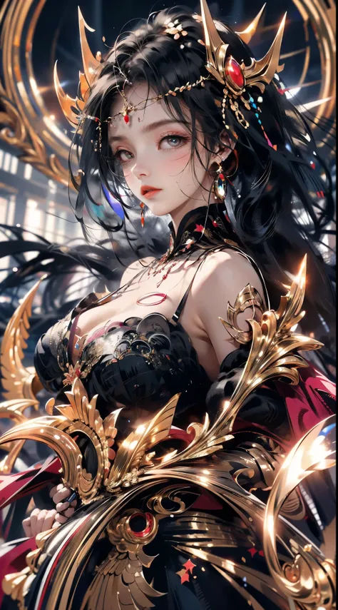 Classic background, dark magic of the Queen of Darkness, drawing a big magic circle in the air, summoning of Andet, storm, beautiful and big eyes, shining eyes, black hair, long wavy hair, princess, torn elegant long dress, active, dynamic, wlop,