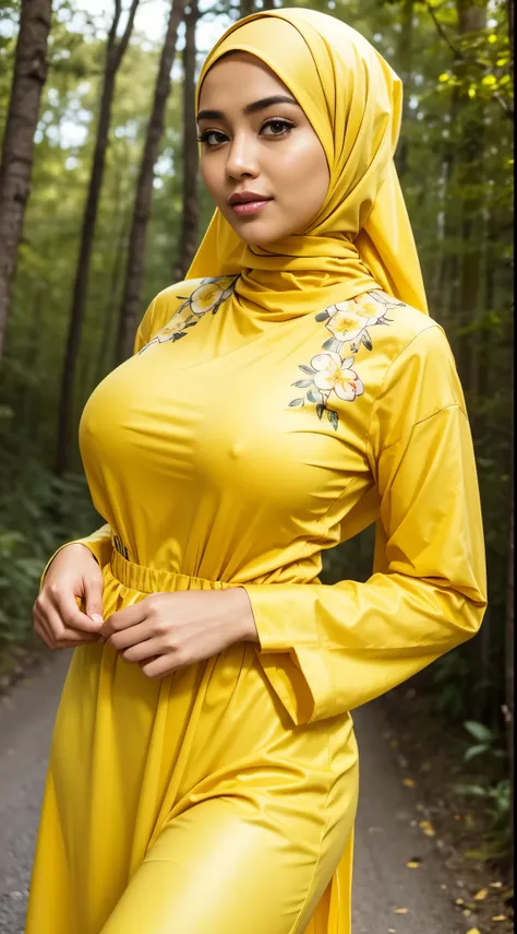 RAW, Best quality, high resolution, work: 1.3), Beautiful Malay woman in hijab,Perfect work, perfect fit body, ((Big breasts)), beautiful big eyes, Soft smile, beautiful face, slightly open mouth, thick thighs, beautiful buttocks, woman wearing a yellow to...