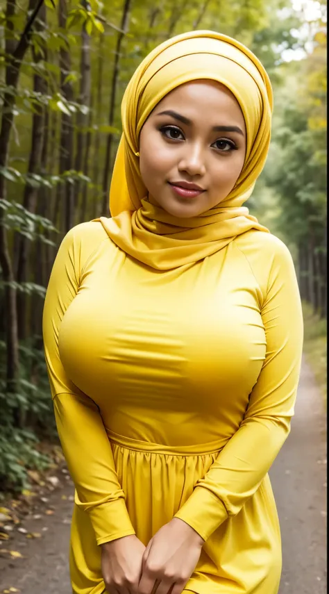 RAW, Best quality, high resolution, work: 1.3), Beautiful Malay woman in hijab,Perfect work, perfect fit body, ((Big breasts)), beautiful big eyes, Soft smile, beautiful face, slightly open mouth, thick thighs, beautiful buttocks, woman wearing a yellow to...