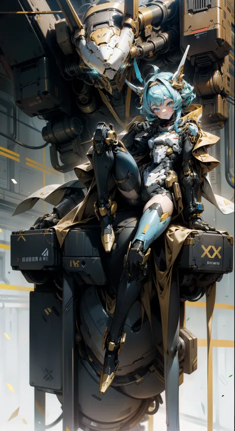 classy girl, Mecha girl alone, full-body portraits, Humanoid beautiful girl mecha, Dark, Silicon phenanthrene, postapocalypse, skyblue eyes, The is very detailed, actual, black and gold, pretty legs