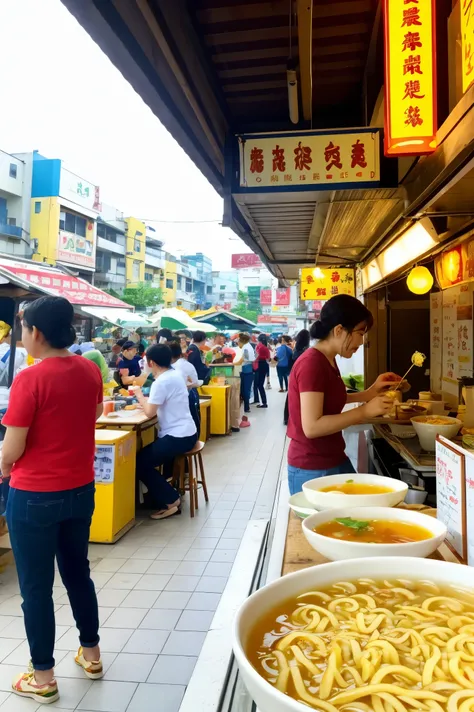 food stand、tea、15 years women、bring small of noodle、in jakarta city