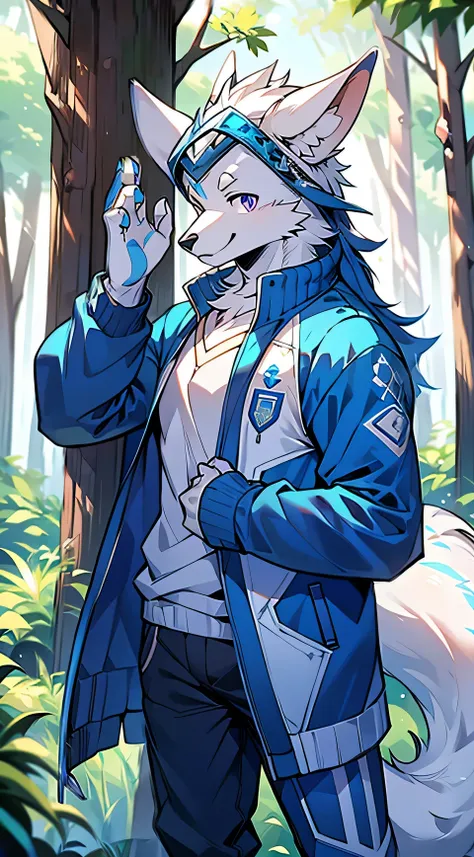 The male wolf is 180 cm tall，bluish violet eyes, , cabelos preto e longos, end,  The upper body shows off the perfect body，blue and white sportswear，with smile，Two small ears，Stand with fair skin ，at a forest