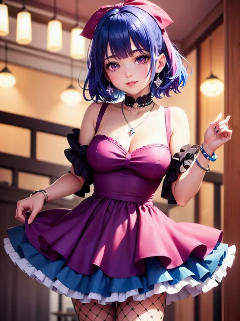 1girl, bangs, blue hair, bow, box, bracelet, new year party, cowboy shot, dress, earrings, fishnets, jewelry, looking at viewer, multicolored hair, necklace, pantyhose, parted lips, purple eyes, red dress, ribbon, rose, short hair, smile, solo, thighhighs