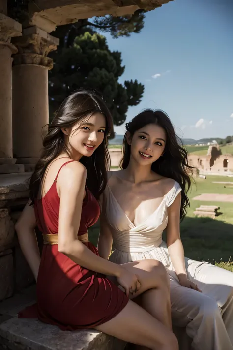 Ancient Roman ruins,Poussin-style landscape,A smile,,Sweet and seductive appearance.、Caravaggios paintings、Chiaroscuro of Caravaggio、Hair disheveled in the wind,Two women frolicking,Cute smile, Expression of ecstasy,A sexy,Erotic