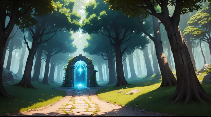 Obra-prima, Melhor qualidade, a stone path through trees, that leads to a glowing magical portal: 1.2